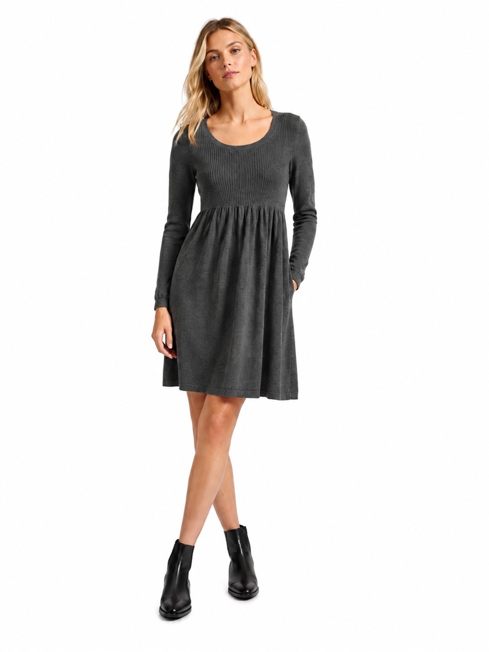 Theory Isamar B Noble Wool Sweater Dress Gray Large Babydoll Empire Knit